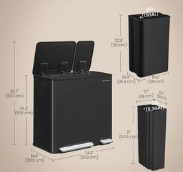SONGMICS 13 + 5.3 Gallon Dual-Compartment Trash Can Soft-Close Lid w/ Pedal - Black