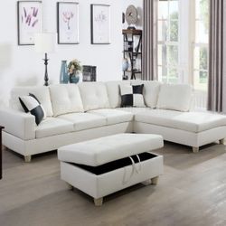 White Leather Sectional Couch And Ottoman
