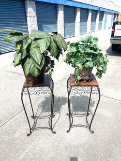 Antique pair of two  31” x 15” x 15” aluminum metal wood shelf plant stands