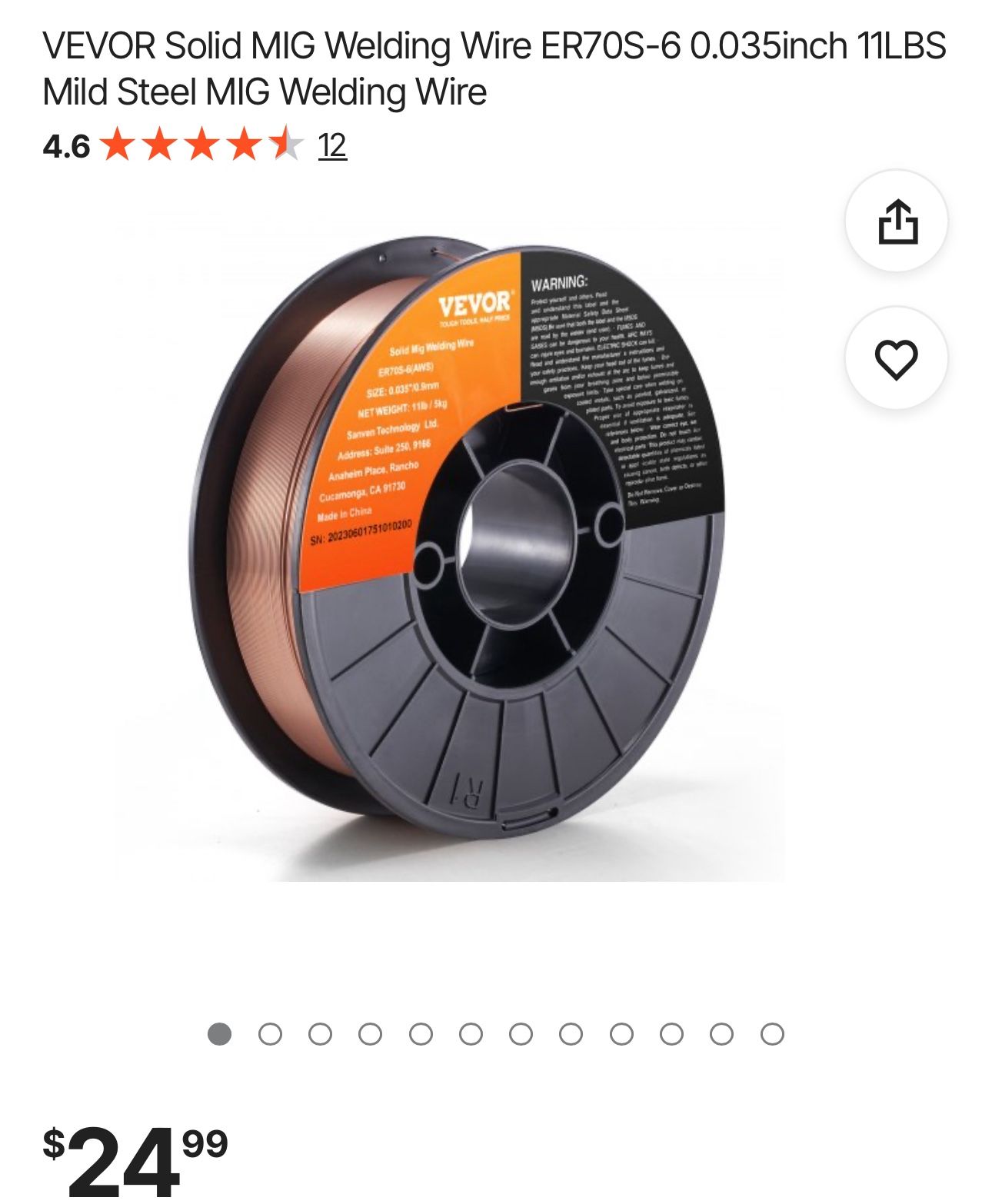SXHSJMIGER70SL4EXV0 VEVOR Solid MIG Welding Wire ER70S-6 0.035inch 11LBS Mild Steel MIG Welding Wire