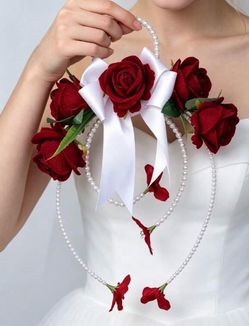 Bridal Handheld Pearl Ring Hoop With Red Roses & Satin Bow, Artificial Flower Wreath For Wedding, Engagement & Photo Shoot