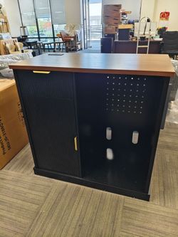 Bar Cabinet with Fridge Space(fridge not include), Mini Fridge Cabinet with Power Outlet, Fluted Coffee Station, Black