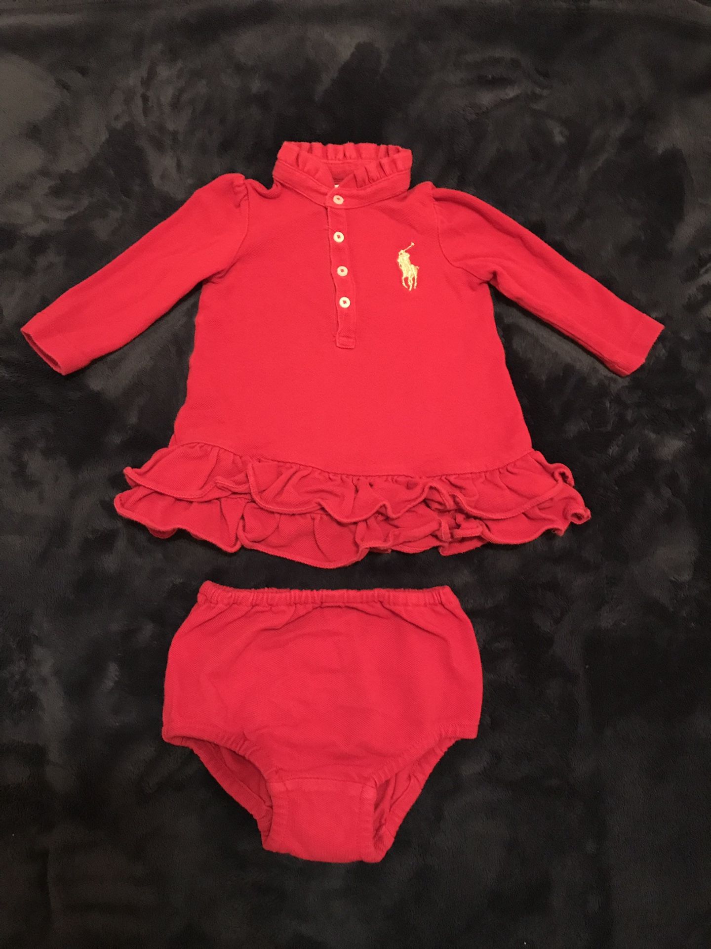 Polo Ralph Lauren Baby Girl Red Ruffled Polo Dress & Bloomer ~ Size 9M