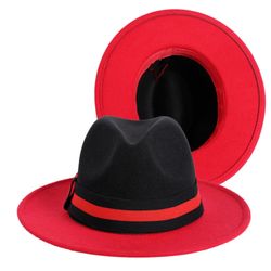 Men Women Two Tone Classic Wide Brim Fedora Hat with Red Black Buckle One Size