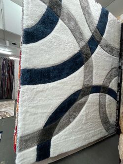 Shaggy Area Rug White Blue Gray Abstract