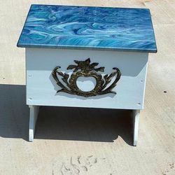 Small wooden storage bin table with a multicolor epoxy top 17.5”H x 20”L x 17”W