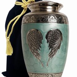 New Adult Cremation Urn – Angel Wings (Silver + Green)