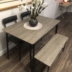 Gray Dining Table Set With 2 Black Leather Chairs And A Bench 