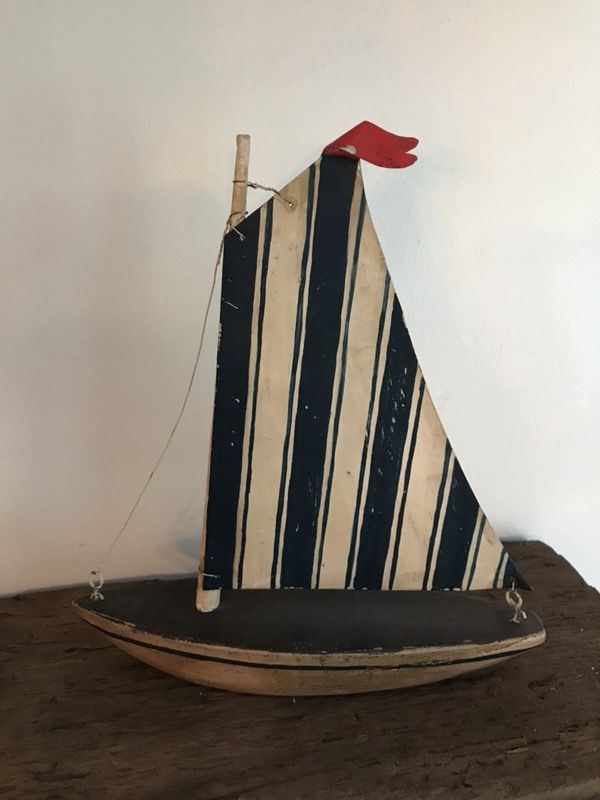 Hand Carved Blue Stripe Sailboat