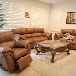 3-Piece Plush Light Brown Reclining Sofa, Loveseat, and Full Sofa Set + Glass Coffee Table