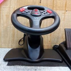 Tested- Retro- Playstation PS1/PS2 ~ V3 ~ Interact Racing Steering Wheel + Gas & Brake Pedals