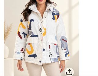 White puffer jacket size 2x new with abstract shapes in yellow, blue, and red #puffer #abstract