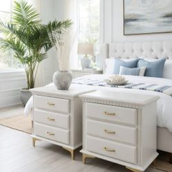 Vintage Pair Light Taupe Wood Nightstands - Custom Glass Tops 