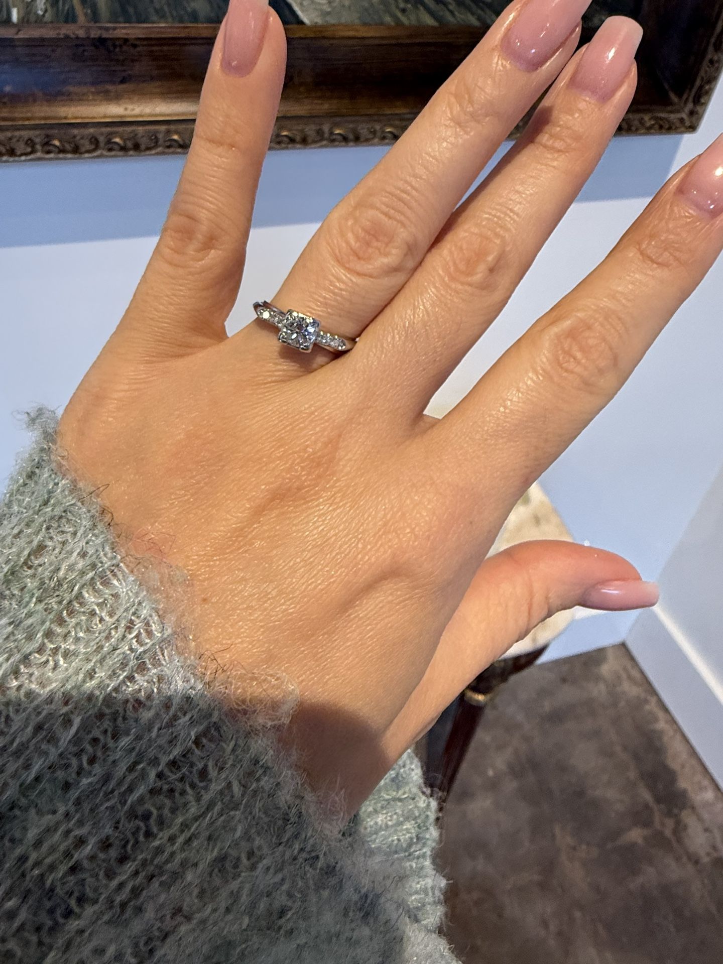 Platinum Engagement Wedding Ring With Natural Old Cut Diamonds 