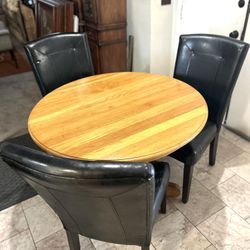 Kitchen Dining Solid Wood Table With 2 Black Leather Chairs  42” Top. X 29” H 