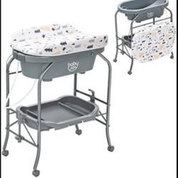 BABY JOY Baby Bathtub with Changing Table, Foldable Infant Diaper Changing Station with Storage Tray