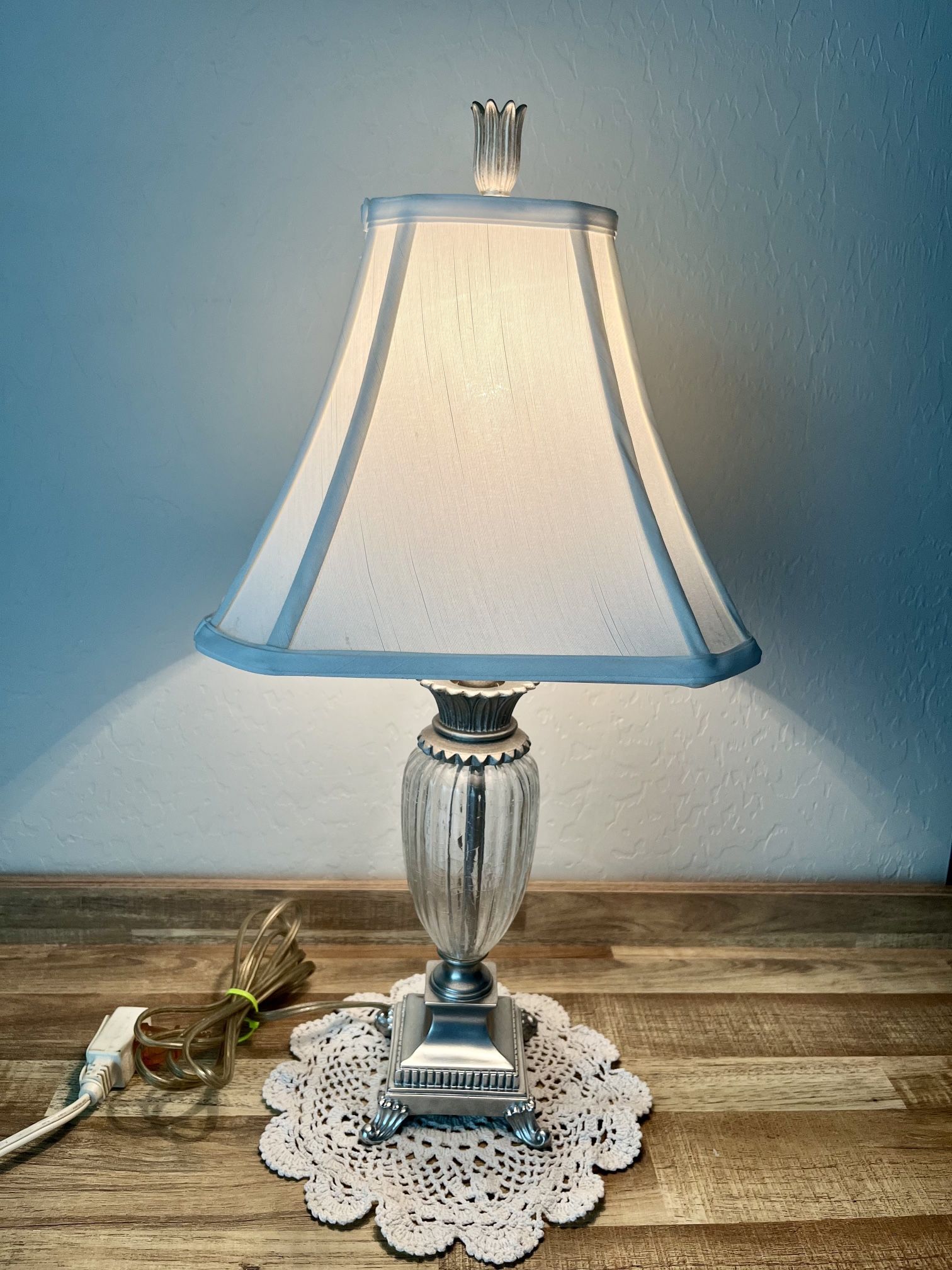 Antique Vintage Silver Glass Lamp / Silk Eggshell Lampshade