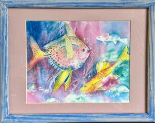 Original underwater tropical fish watercolor painting signed by J. Burton