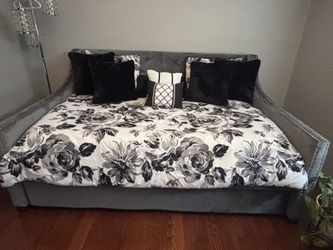 As-Is Full Grey  Upholstered Daybed with Twin Trundle &  Mattresses. 