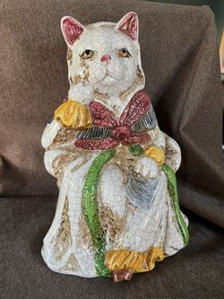 Blue Crackle Glaze Ceramic Sitting Long Haired Kitty Cat Figurine 10”