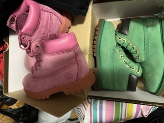 Timberlands Green Pairs And Pink Pairs Size 10c USED IN VERY GOOD CONDITION $45 Each, Both For $80. (Nike’s Boots Black Size 10.5 And Size 8c NEW!)
