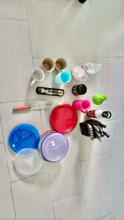 Set of kitchen cutlery, plastic plates with libs , cups and others items all for $6