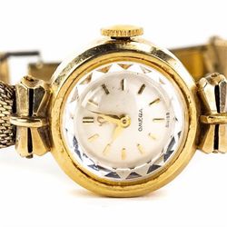 Vintage Ladies Omega Cocktail Watch – 10K Gold Filled – Faceted Crystal & Mesh Band