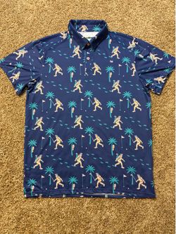 Tipsy Elves Bigfoot Golf Print Polo Shirt Mens Size Large Navy