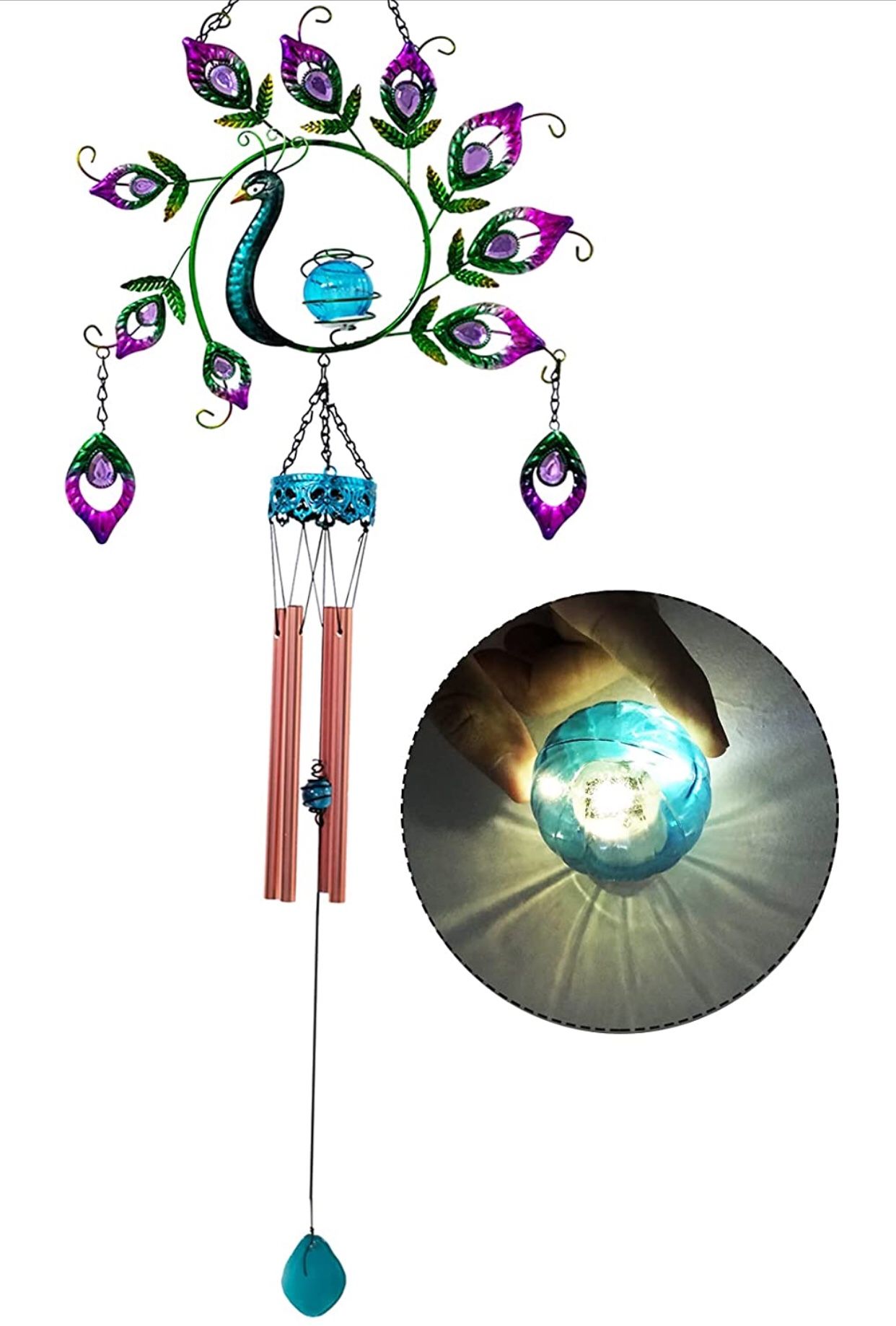 LED Solar Peacock Wind Chimes Outdoor, 44" Metal Art Peacock Solar Wind Bells Chimes Waterproof LED Wind Chimes Solar Powered Light Peacock Decor