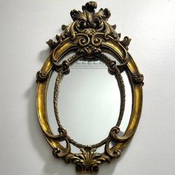 Vintage Hollywood Regency Gilt Carved Wood Oval Wall Mirror