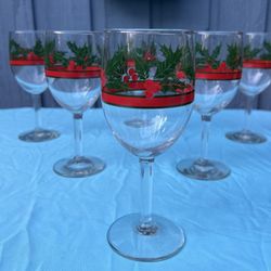 6 Vintage Christmas Holiday Holly Pattern Barware Wine Glasses