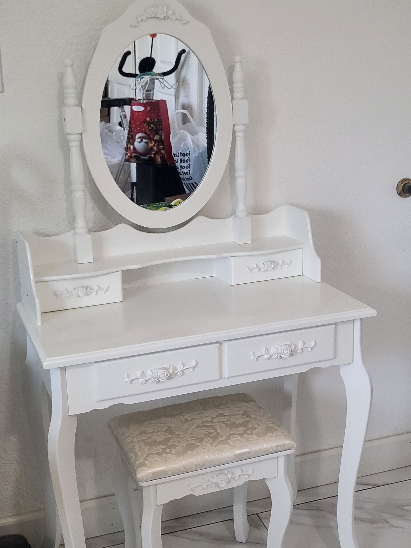 Apontus White Vanity Set for Makeup and Jewelry with Stool, 4 Drawers, Mirror, and Wooden Desk