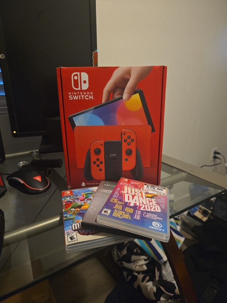 Limited Edition Red Mario Switch Oled With 3 Games