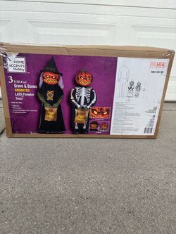 Home Depot witch and skeleton pumpkin twins