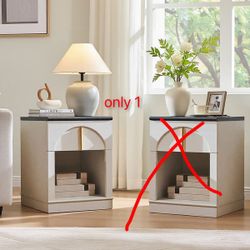 E955 $40  Nightstand Set of 1 Bedside Table with Charging Station - White  nightstand features a minimalist design with sleek lines and metallic accen