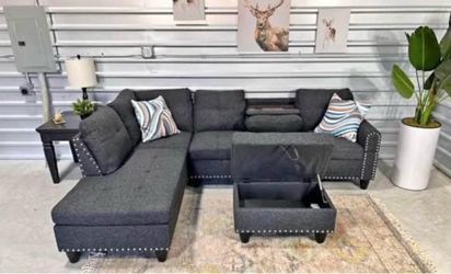 Charcoal linen sectional couch with drop down table
