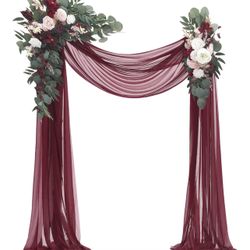 Arch Flowers with Drapes Kit (Pack of 4) - 2pcs Artificial Burgundy Floral Swag Arrangement with 2pcs Draping Fabric for Wedding Ceremony Arbor and Re