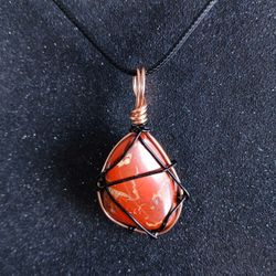 Red jasper copper wire wrapped stone pendant necklace 20" new 