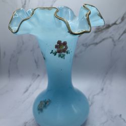 Vintage Hand Painted Opalescent Sky Blue Ruffled Vase Gold Trim