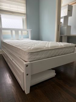 White Wood Twin Bed Frame with 2 Drawers