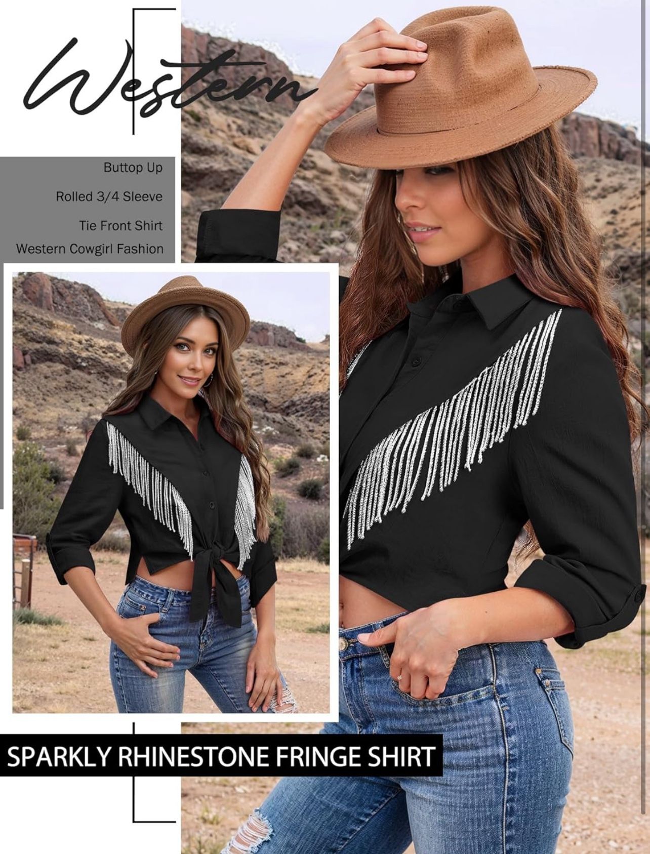 Large Womens Rhinestone Fringe Cropped Button Down Shirt Rolled 3/4 Sleeve Tie Front Top Western Cowgirl Rodeo Outfit