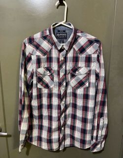 Men’s Medium By American Rag Y2K Retro Shirt Button Down Plaid Blue Red (Pick up🛒 In Bellevue) *Check out my Other Posts 🎁