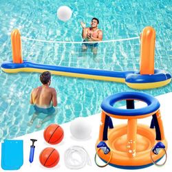 3 in 1 Pool Volleyball Net Basketball Hoop Ring Toss Game Inflatable Floats Water Floating Volleyball Swimming Pools Party Game Accessories