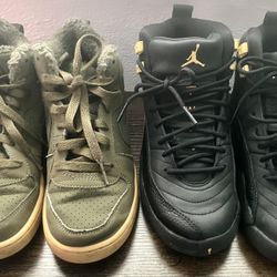 Kids Air Jordan 12 Retro Black Taxi & Nike Court Borough Mid Winter Sherpa Olive Canvas Boots