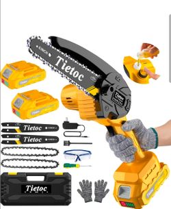 Tietoc Mini Chainsaw Cordless,6 Inch Portable Electric Chainsaw with 2 Battery 2 Chains