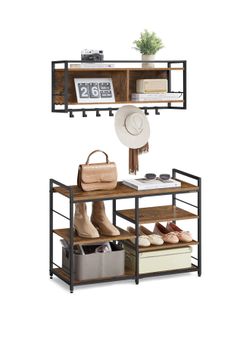 Hall Tree with Shoe Bench, Coat Rack Shoe Bench Set, Entryway Furniture, Multifunctional, 12 Metal Hooks, 4-Tier Shoe Rack, for Entryway, Bedroom, Rus