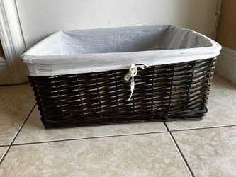 Wicker Basket With Liner… 9.5” H By 21” W By 18” D…SEE ALL PICTURES…$10