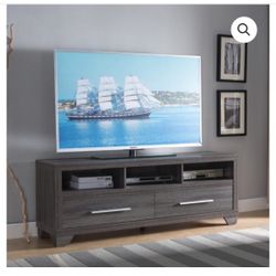 60” Distressed Grey TV Stand Two Storage Drawers Three Display Shelves