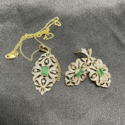 Effy Emerald/Diamond Necklace & Earrings 14k