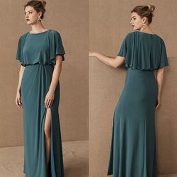 NWT $198 BHLDN Teal Lena Flutter Sleeve High-Neck Jersey Draped Maxi Dress 2